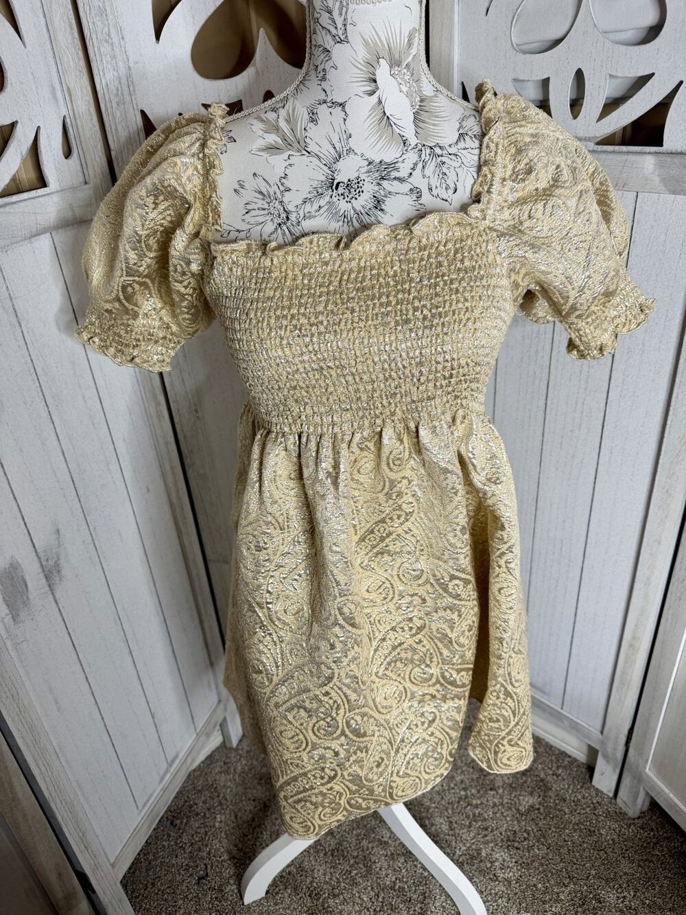 HILL HOUSE Athena NAP Smocked Mini Dress Gold Trellis Puff Sleeve Size XS